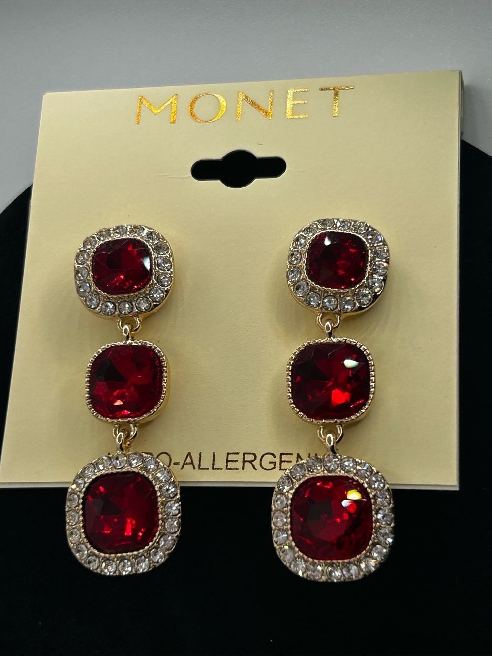 Monet Red Glass Rhinestone Gold Tone Drop Earrings NWT